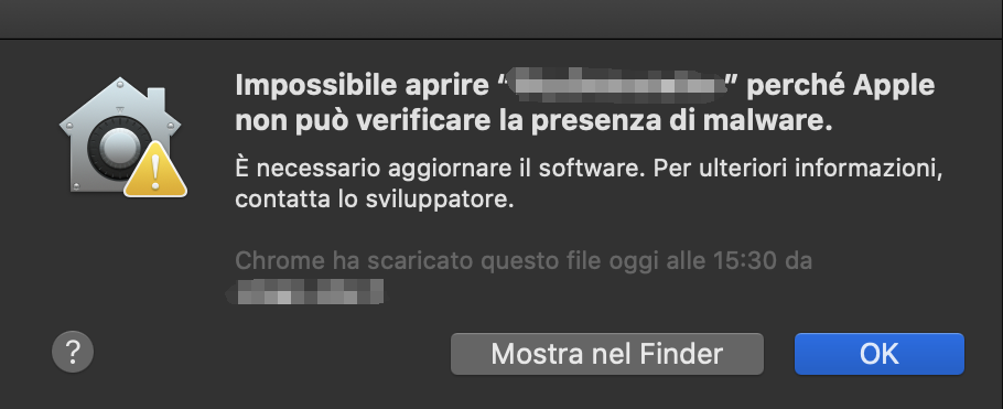 Avviso "Apple non può verificare se il software contiene malware"