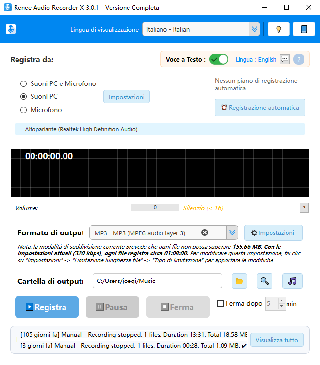Interfaccia principale di Renee Audio Recorder X per la registrazione audio del PC