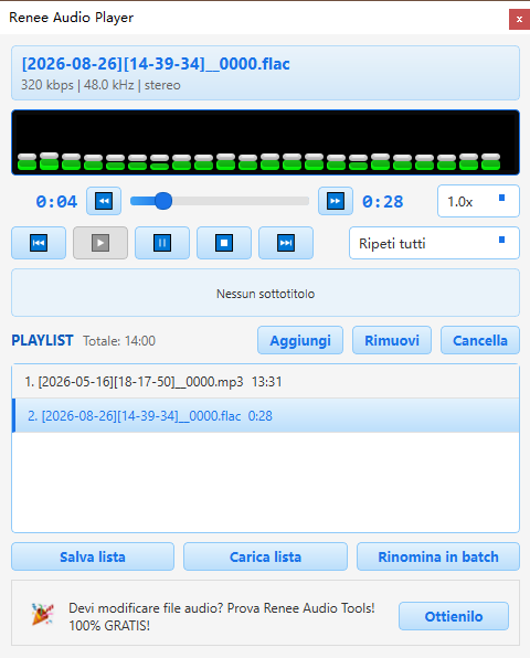 Lettore audio integrato per riprodurre registrazioni audio del PC in Renee Audio Recorder X