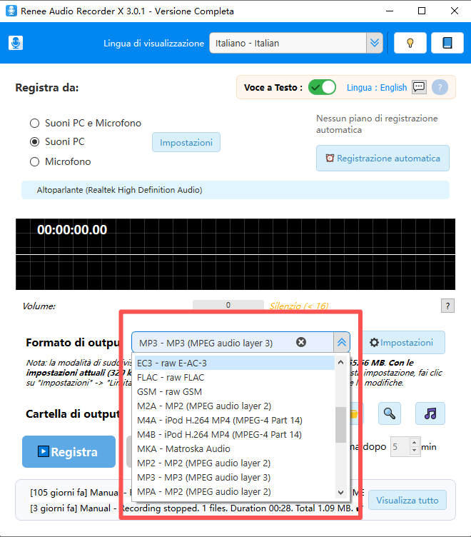 Formati audio di output supportati in Renee Audio Recorder X